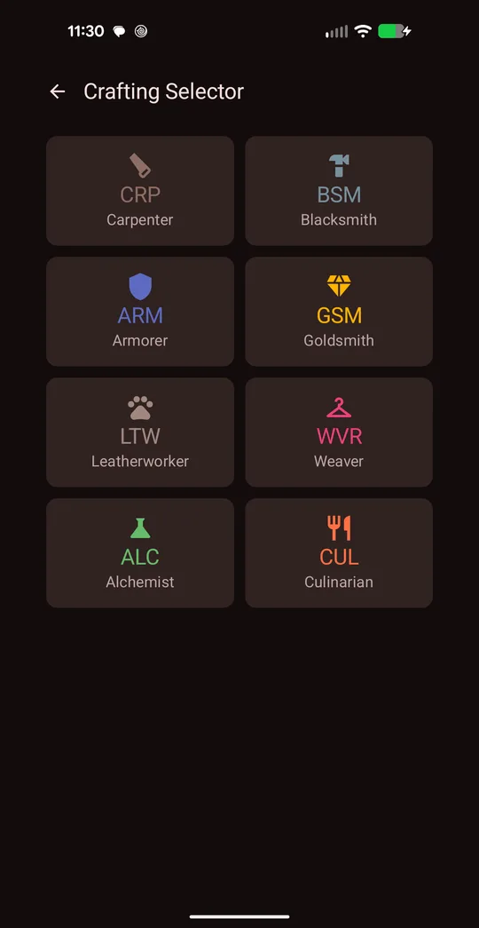Crafting Selector with tiles for all eight crafting classes