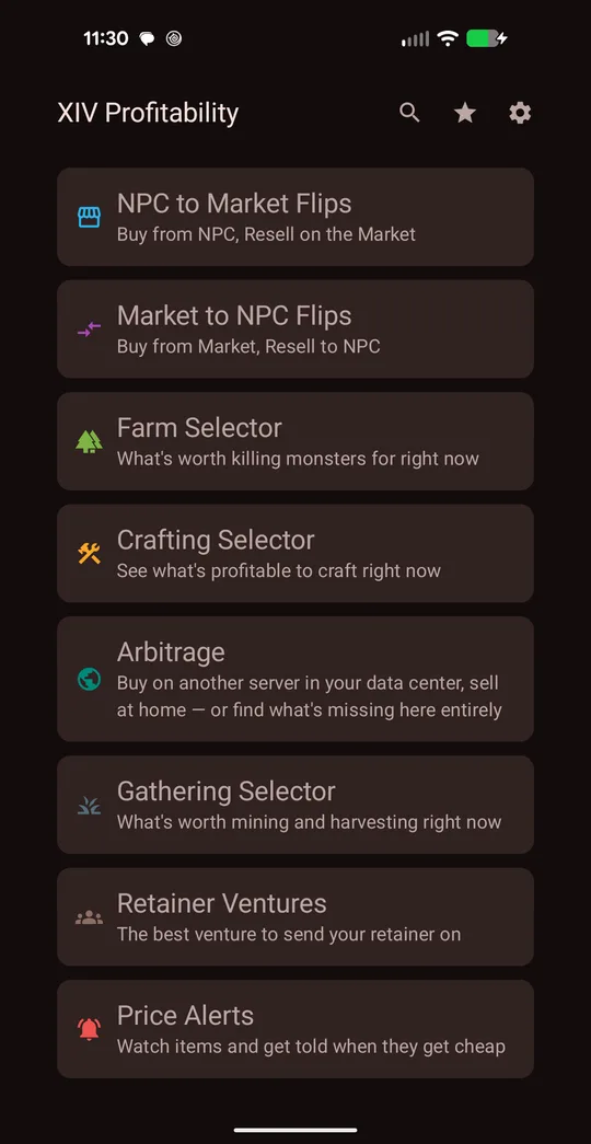 XIV Profitability app home screen listing NPC to Market Flips, Market to NPC Flips, Farm Selector, Crafting Selector, Arbitrage, Gathering Selector, Retainer Ventures and Price Alerts