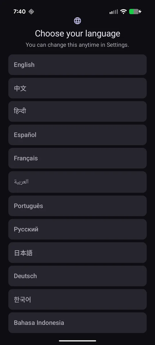 Choose your language screen listing English, Chinese, Hindi, Spanish, French, Arabic, Portuguese, Russian, Japanese, German, Korean and Indonesian