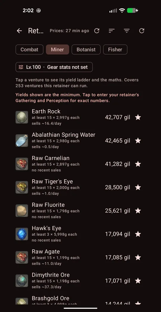 Miner retainer ventures ranked by gil value per run
